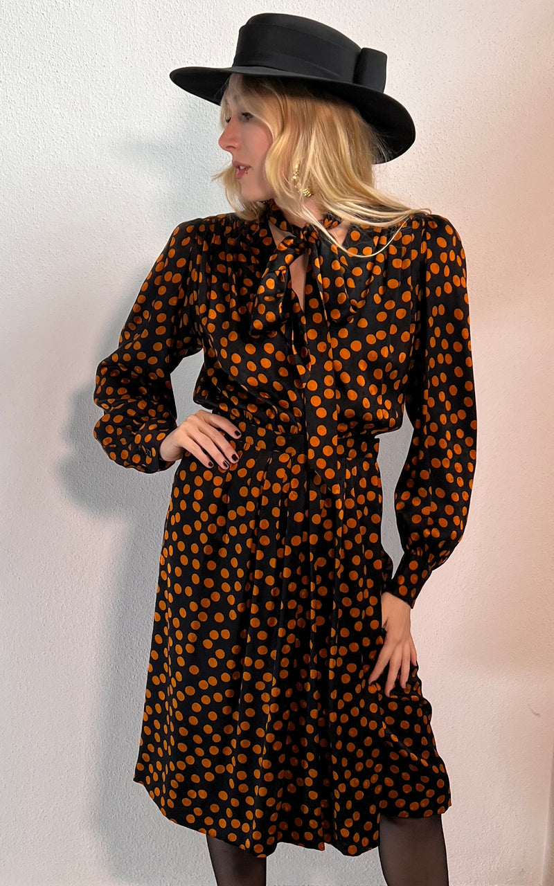 Vintage Yves Saint Laurent Silk Dress Autum Winter 1980 Polka Dots