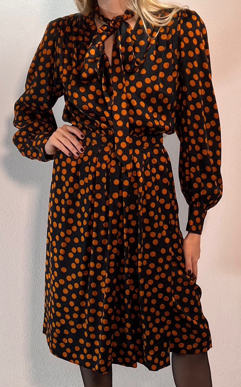 Vintage Yves Saint Laurent Silk Dress Autum Winter 1980 Polka Dots