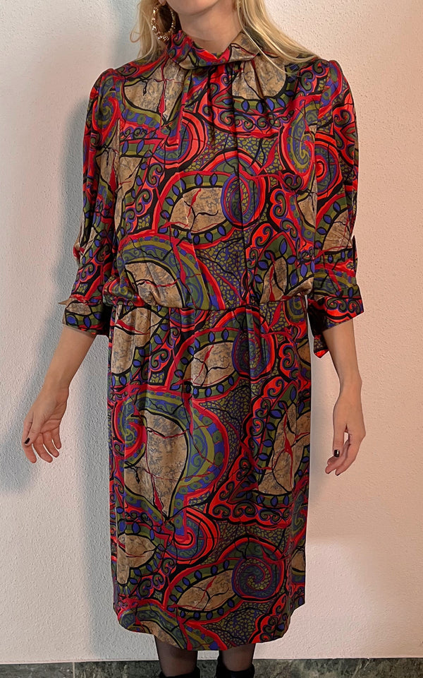 Vintage Abstract Print Silk Dress