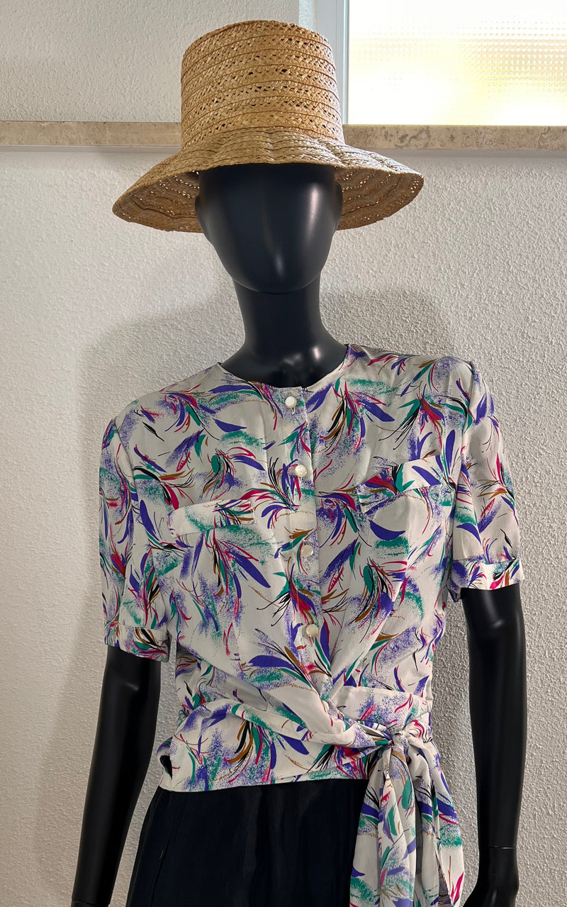 Vintage 90s Silk Blouse Arty Print