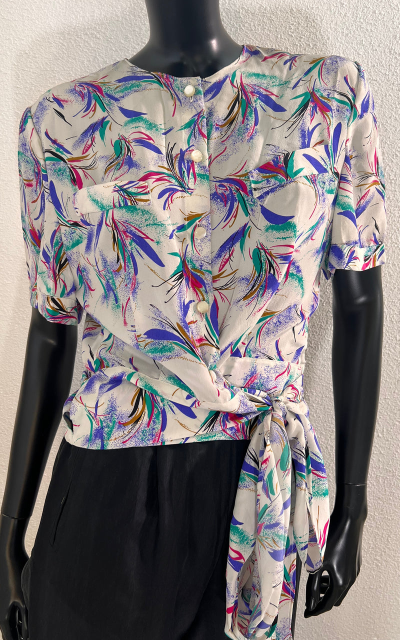 Vintage 90s Silk Blouse Arty Print